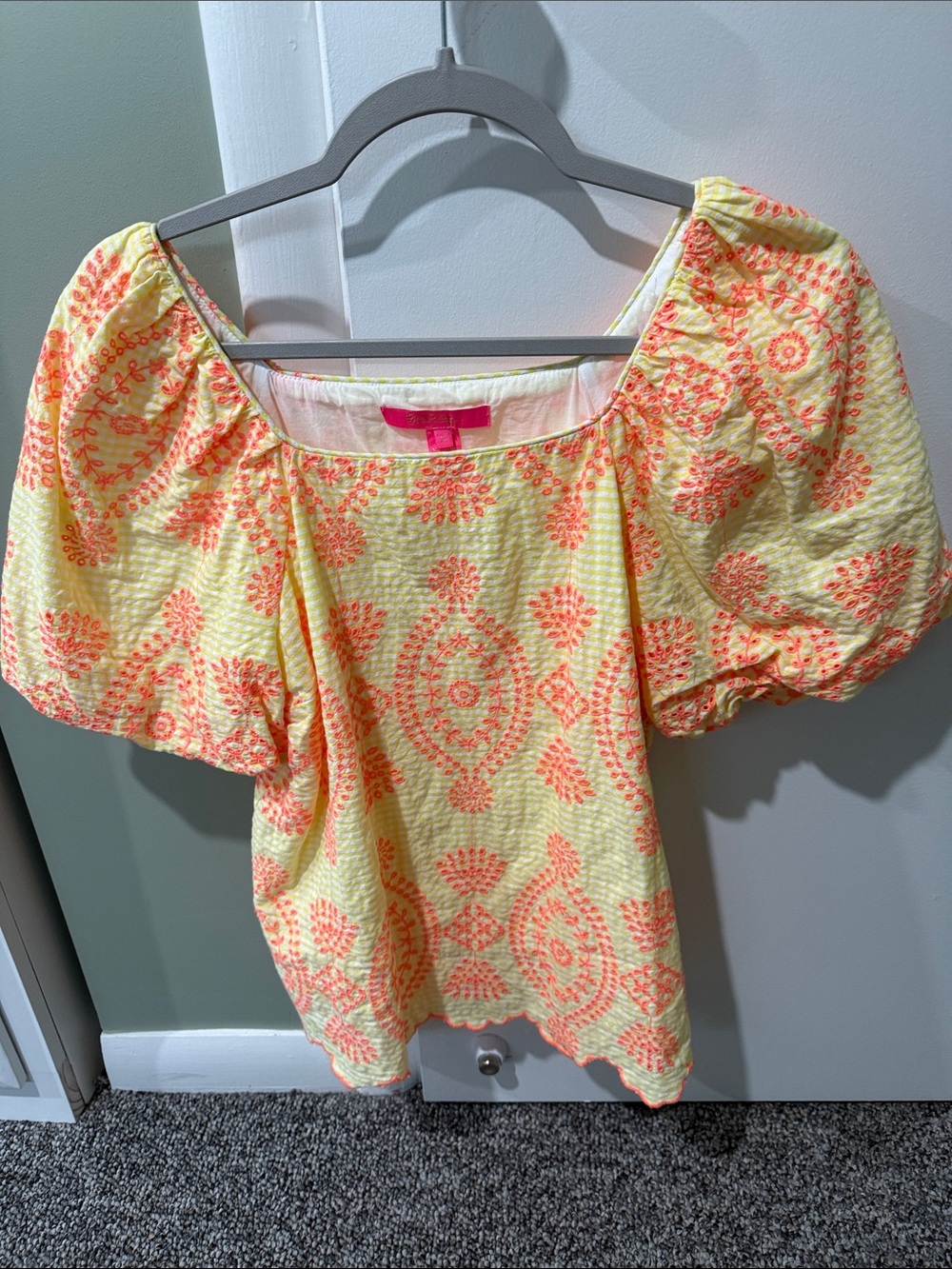 Lilly Pulitzer Yellow Top with Coral Embroidery - Puff Sleeve
